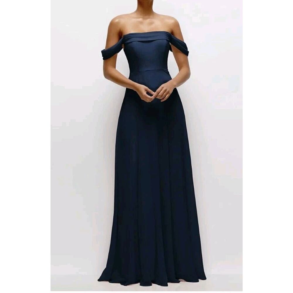 Dessy Group Thread Off The Shoulder Draped Neckline Maxi Dress Navy Size 10